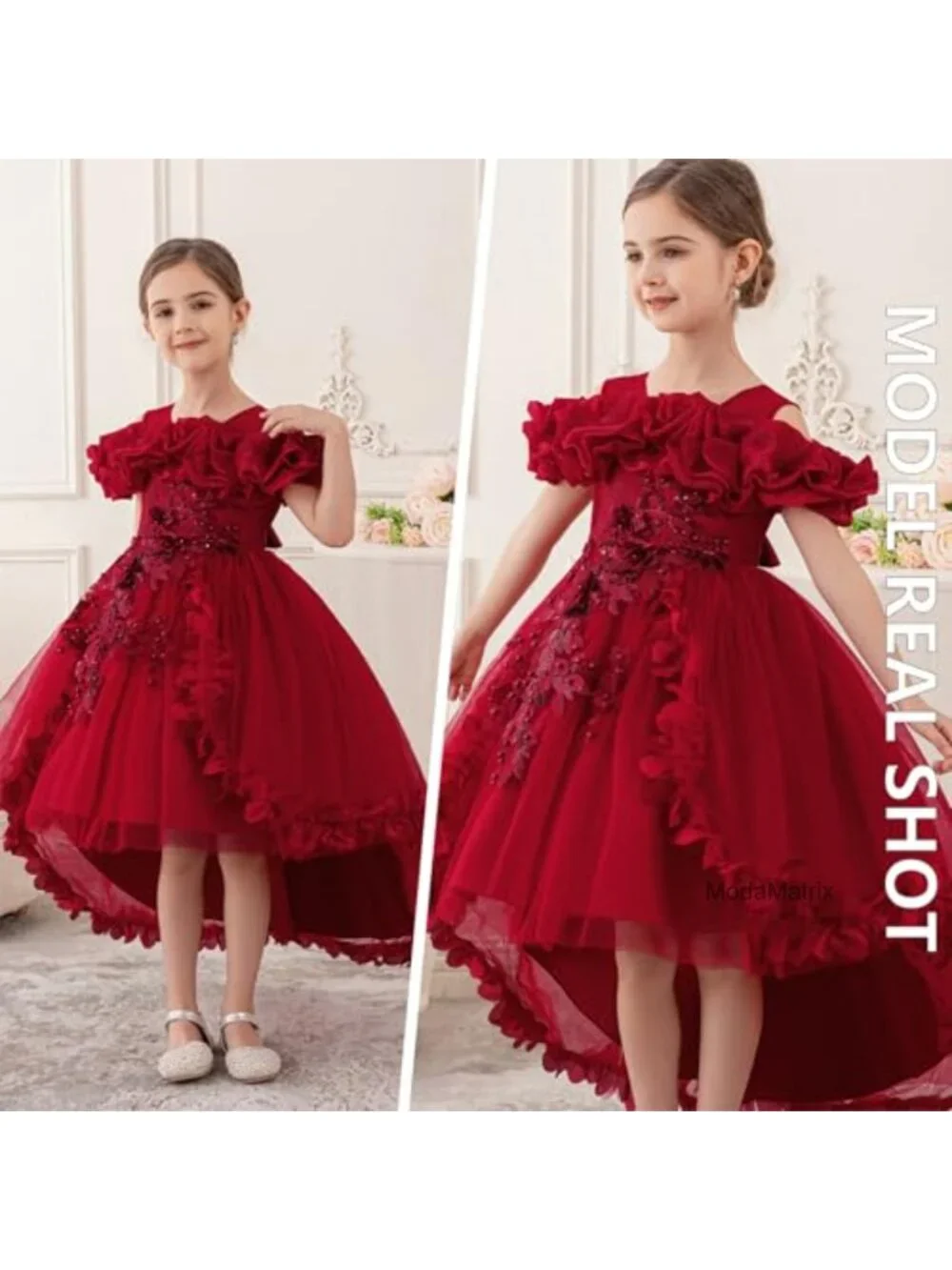Girls Princess Dress Ruffle Tulle Satin Pageant Gown with Train